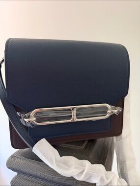 Navy real Leather Crossbody Bag with Silver Hardware